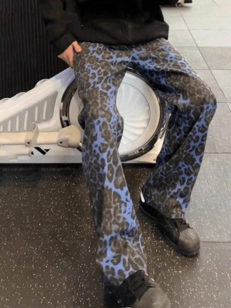 Voguable  American Blue Leopard Vintage Print Jeans Autumn High Streetwear Style Pants Straight Fashion Casual New Retro Jeans Loose voguable