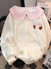 Cartoon Sweet Kawaii Hoodies Women Loose Cute Peter Pan Collar Sweatshirts Fall Preppy Style Long Sleeve New Embroidery Top voguable