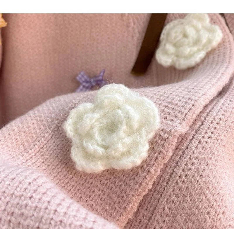 3D Floral Sweet Bow Cardigan Sweaters Women Preppy Style Loose V Neck Korean Knitted Jacket Casual Fashion Long Sleeve Fall Tops voguable