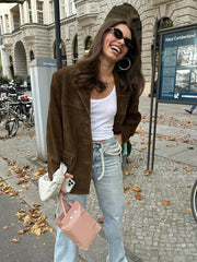 Chic Brown Suede Jacket For Women Elegant Lapel Long Sleeve Single Breasted Pockets Coats Autumn Office Lady Commuting Outwear voguable