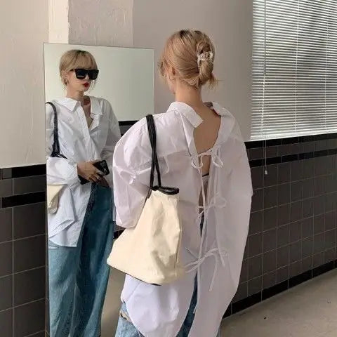 Voguable  Designed Two Outfits Bow Cardigan Bow Shirt New French Loose Lazy Blusas Mid-lebgth All-match Tops Backless Fresh Mujer voguable