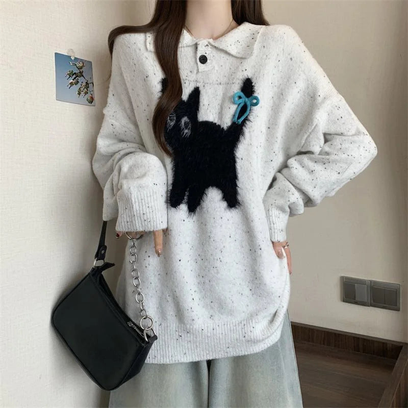 Cute Cartoon Bow Sweaters Women Loose Vintage Long Sleeve Kawaii Knitted Jumper Japan Casual Preppy Style Retro Pullovers voguable