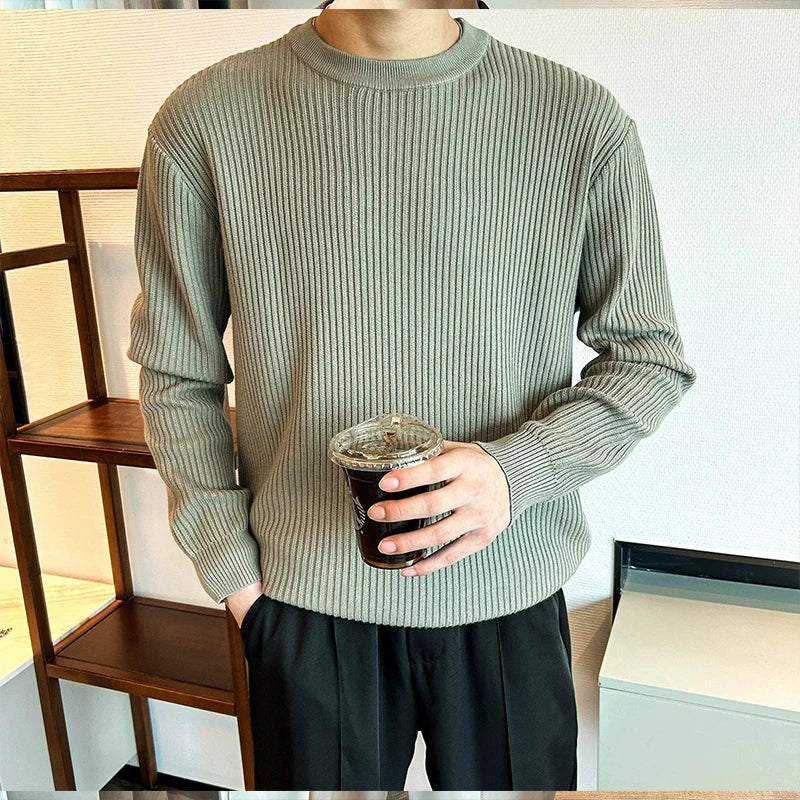 New Korean Retro Men Basic Sweater Luxury Knitted Solid Color O Neck Long Sleeve Pullover Casual Slim Premium Quality Knitwear voguable