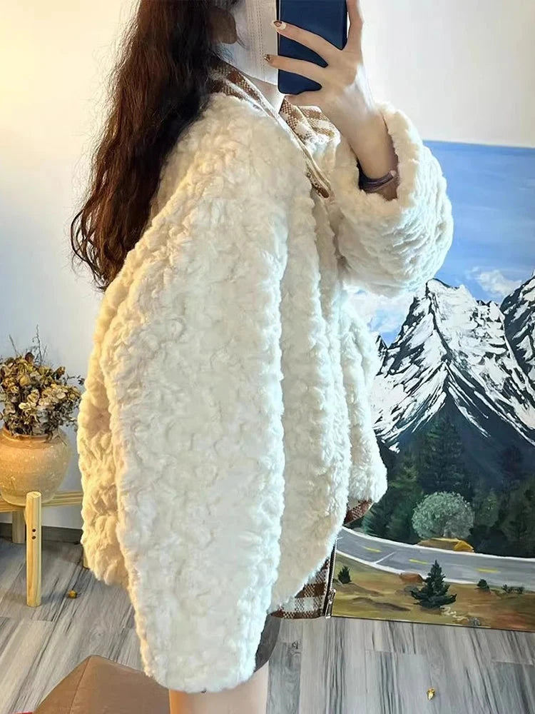 Sweet Cute Faux Lamb Coat Women Winter Thick Warm Plaid Patchwork Jacket Vintage Preppy Style Long Sleeve Kawaii Outwear Tops voguable