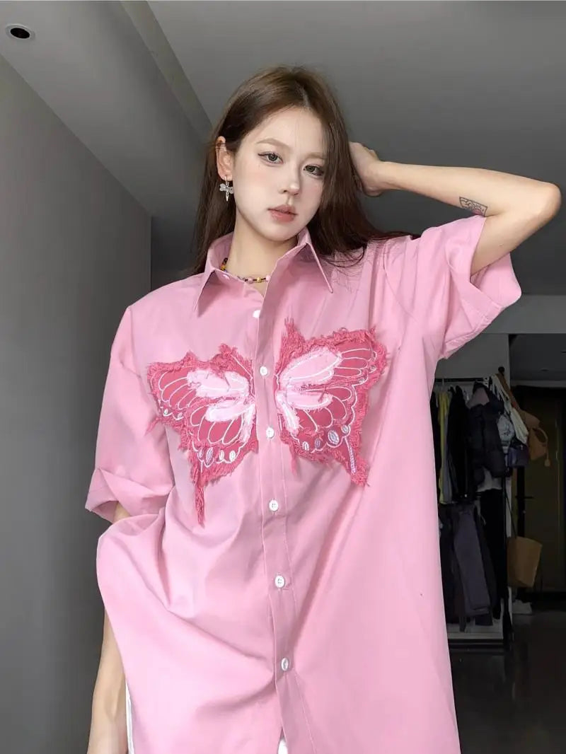 Unisex Hip Hop Shirt Large Size Three-dimensional Butterfly Design Half-sleeved Shirt Niche Casual Loose Versatile Shirt Jacket voguable