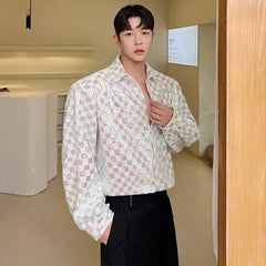 Voguable Reflect Light Plaid Design Elegant Long Sleeve Shirts Korean Fashion Men's Casual Tops 2024 Spring Trendy Clothes voguable