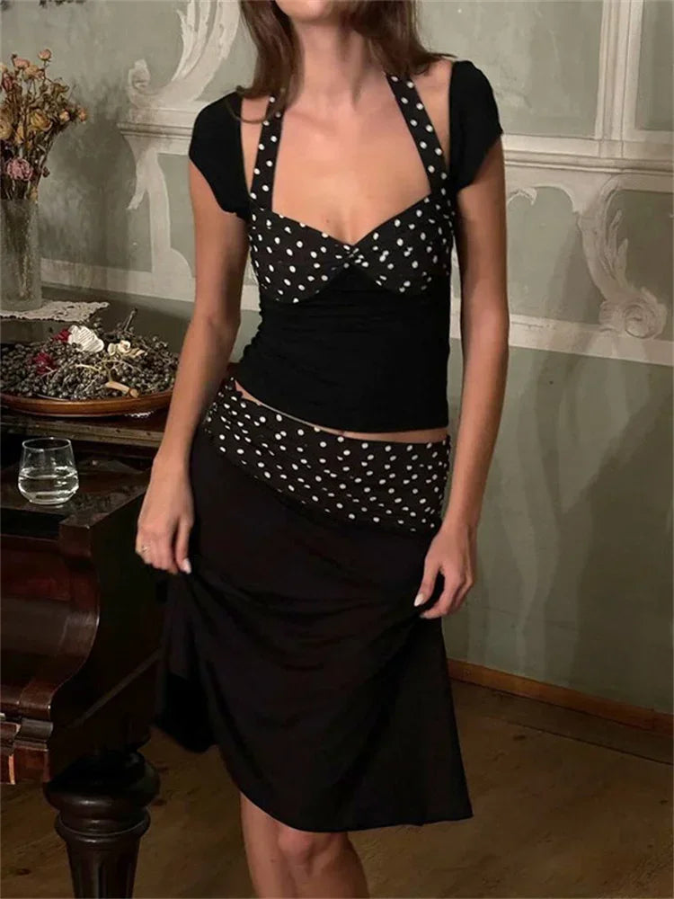 Patchwork Fashion 2 Piece-Set MIni Skirt For Women Lace-Up Contrast Backless Cropped Top And High Waist Skirt Sets Female voguable