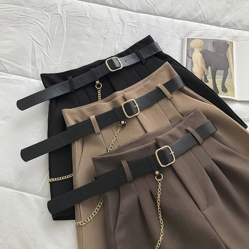 Korean with Belt Women Suit Shorts Y2K Summer High Waist Solid Color A Line Shorts Loose Streetwear All Match Wide Leg Pants voguable