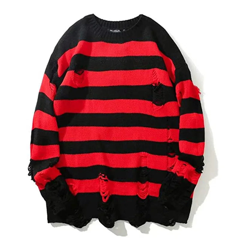 Black Stripe Sweaters Destroyed Ripped Sweater Men Pullover Hole Knit Jumpers Men Oversized Sweatshirt Harajuku Long Sleeve Tops voguable