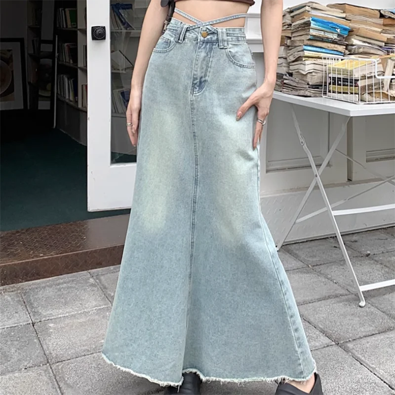 Voguable  Women's High Waist Long Skirt Korean Style Solid Color Loose Fit Denim Half-Body Fishtail Summer Fashion Design New Arrivals voguable