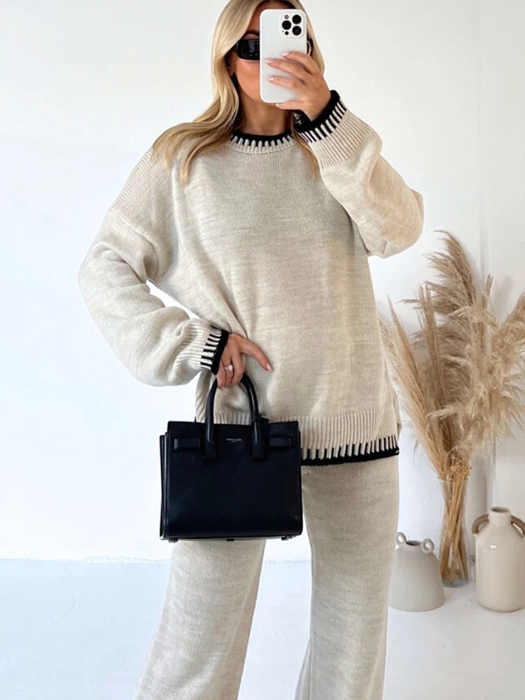 Elegant Knitted Long Pant Sets For Women Oversized Sweater Pullover Wide Leg Elastic Waist Pant Two Pieces Set Lady Chic Outfits voguable