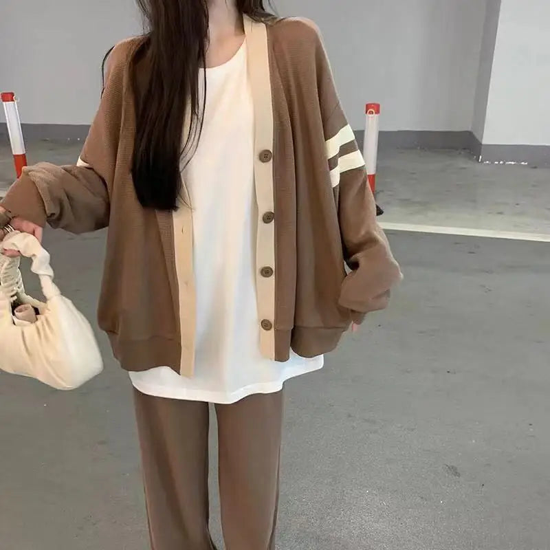 Varsity Cardigan Sweater for Women Long Sleeve V-Neck Button-up Knit Slouchy Cardi Korean School-girl Preppy Fall Winter Outfit voguable