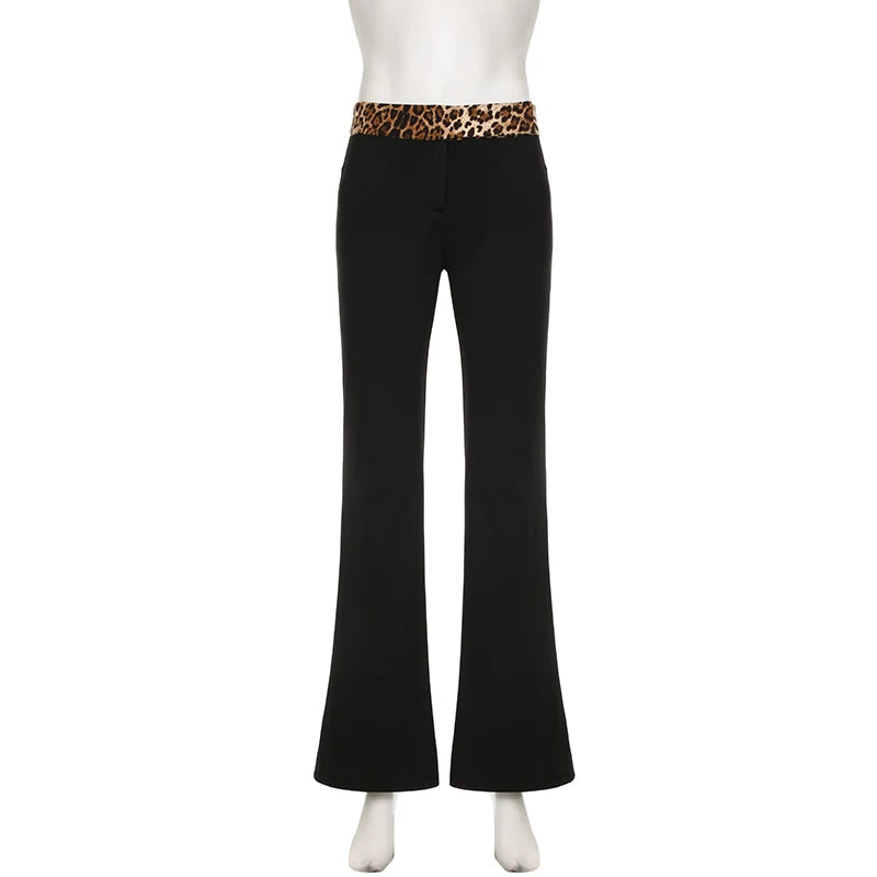 Voguable  Vintage Leopard Print Low-waisted Patchwork Flared Pants Black Slim Stretchy Casual Basic Sweatpants Joggers Trousers voguable