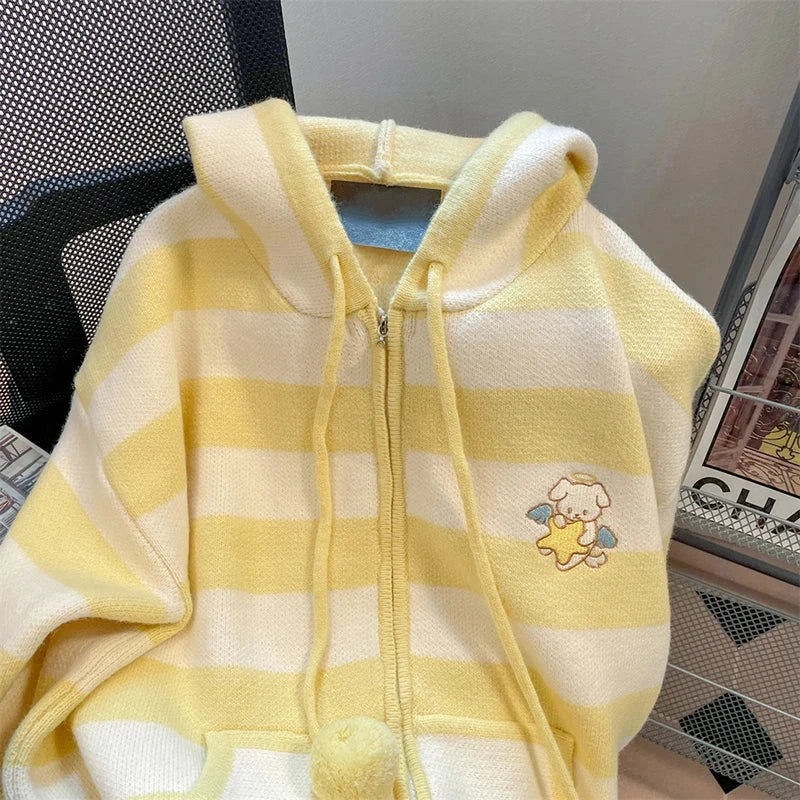Cartoon Striped Hooded Cardigan Women Loose Cute Long Sleeve Sweet Knitted Sweater Preppy Style Female Kawaii Vintage Tops voguable