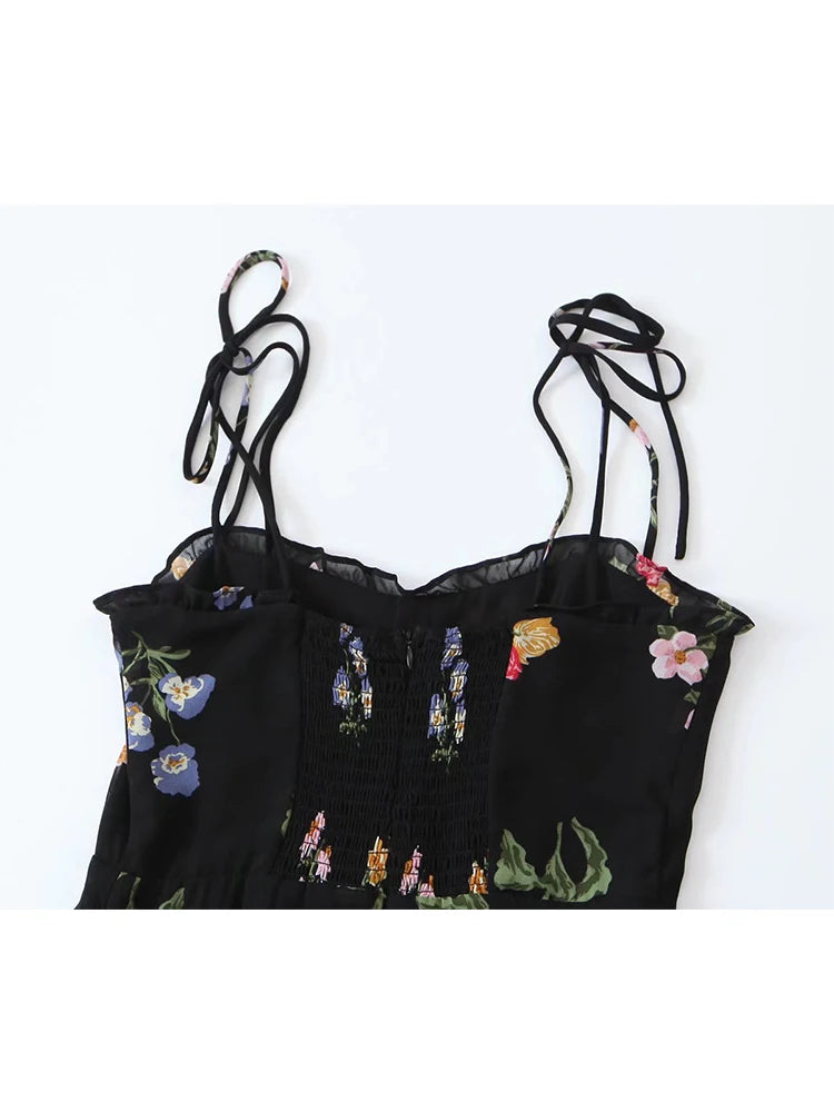 Voguable Summer Fashion Women French Style Floral Print Sling Chiffon Dress Vintage Black Female Midi Robe Prairie Chic voguable