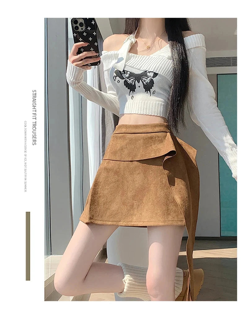 Sexy Slim Faux Suede Skirt Women High Waist Streetwear Vintage Bow Mini Skirts Fall Winter Casual American A Line Skirt New voguable