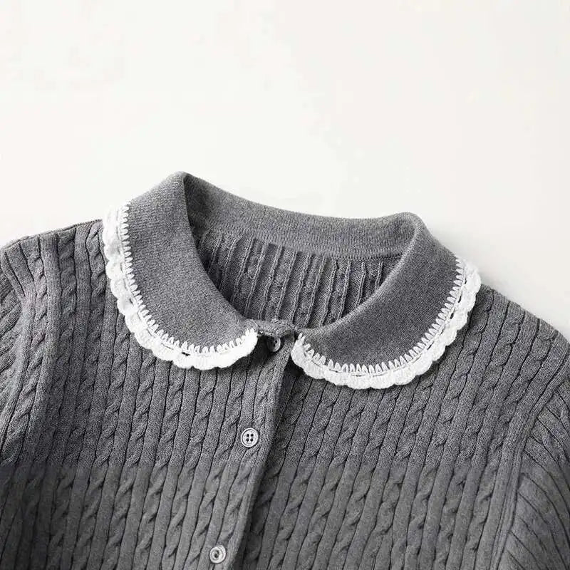 Fashion Top Women New Peter Pan Collar Lace Edge Slim Single Breasted Knitted Cardigan Female 2025 Spring Summer voguable