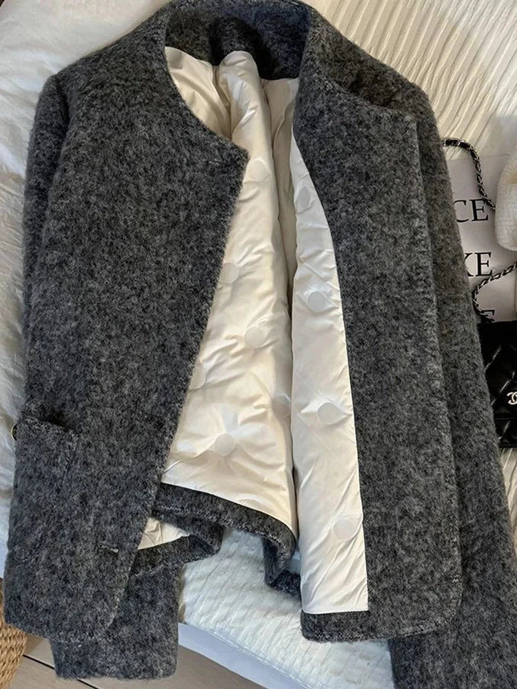 Winter Faux Woolen Gray Coat Women Vintage Thick Warm Long Sleeve Slim Jacket Casual O Neck Female Korean Elegant Retro Top voguable