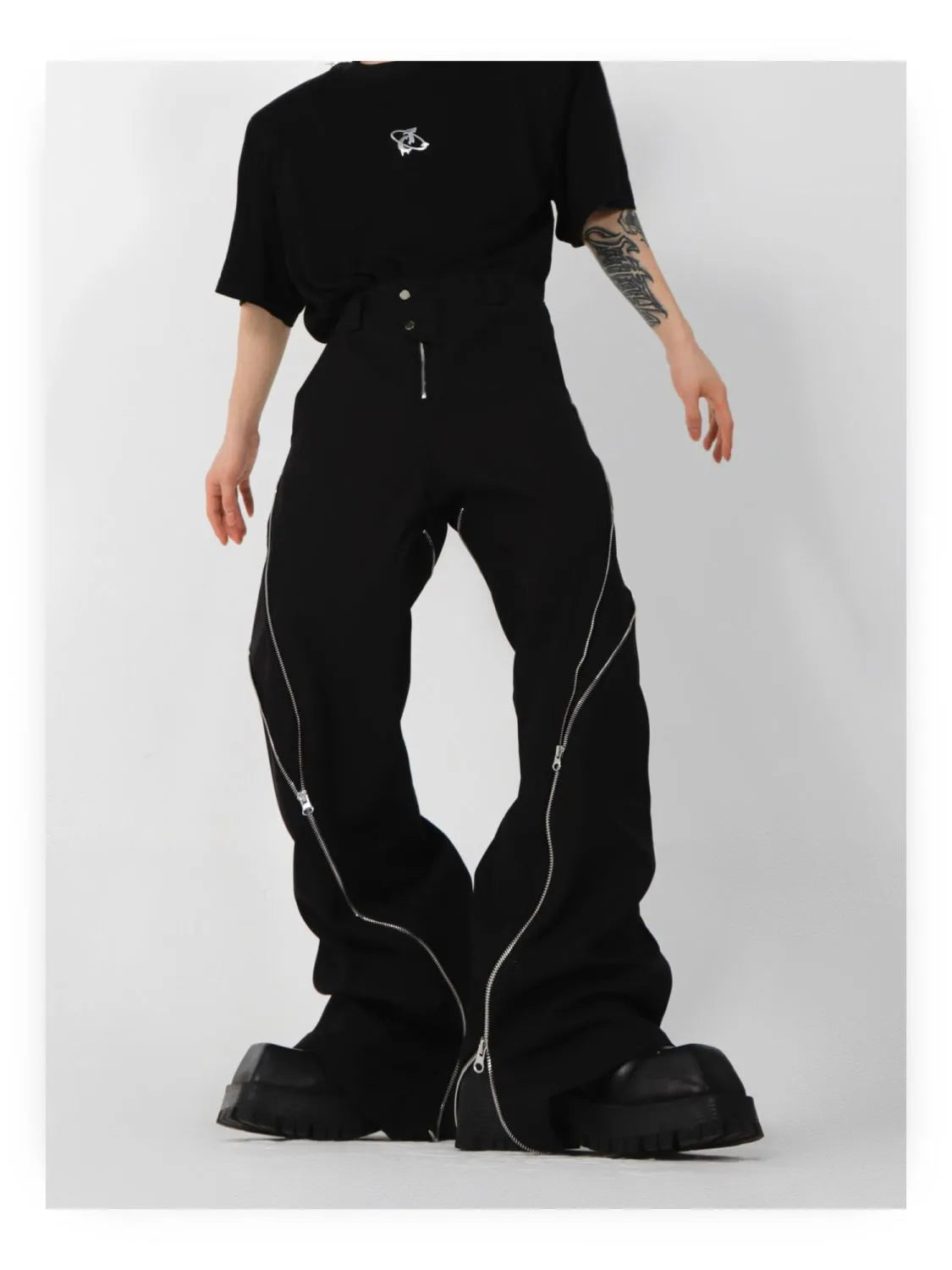 American trendy brand men black zipper design slit slightly flared pants vertical feeling straight casual pants retro trousers voguable