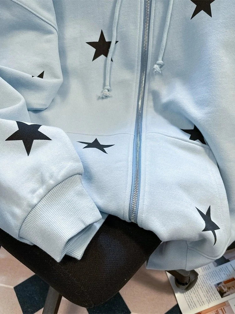 Stars Print Hoodies Women Vintage Streetwear Long Sleeve Loos Blue Sweatshirts Casual Pockets Lace Up American Fall Tops voguable