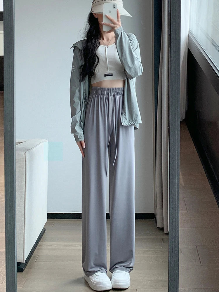 Summer Thin Ice Silk Sun Protection Pants Women Y2K High Waist Loose Wide Leg Trousers Solid All-Match Simple Straight Pants voguable