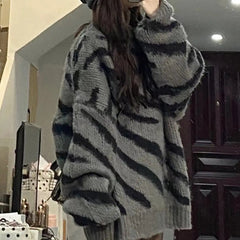 Voguable  Oversized Fuzzy Striped Sweater Women Autumn Winter Soft Warm Plush Knit Pullover Woman Casual Loose Round Neck Thick Top Female voguable