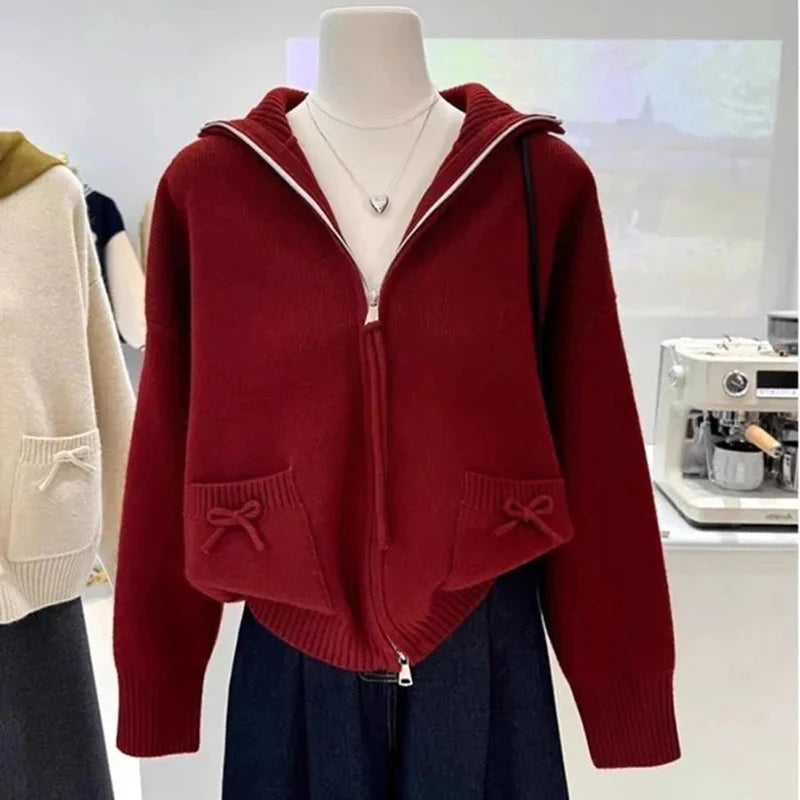 Korean Bow Cardigan Women Lazy Wind Double Zipper Long Sleeve Knitted Jacket Vintage Sweet Casual Preppy Style Tops Coat voguable