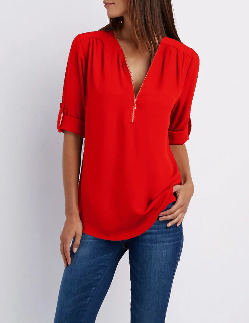 Summer Women Cool Loose Shirt Deep V Neck Chiffon Blouse Casual Ladies Tops Sexy Zipper Pullover Plus Size Long Sleeve Fashion voguable