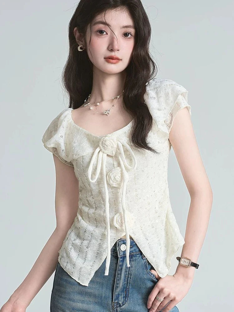 3D Floral Ruffles Sweet T Shirt Women Slim Sexy Cropped Short Sleeve Chic Tees Tops Korean Fashion Elegant Female T Shirts voguable