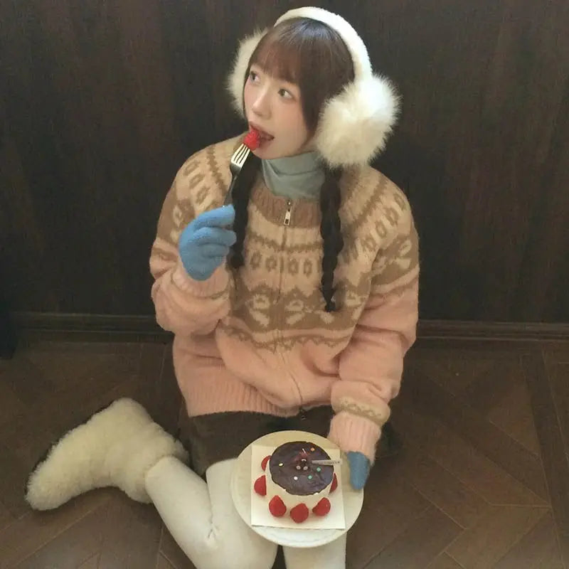 Vintage Print Knitted Cardigan Women Japanese Long Sleeve Sweater Outerwear Winter Aesthetic Pink Knitwear Korean Jumpers voguable