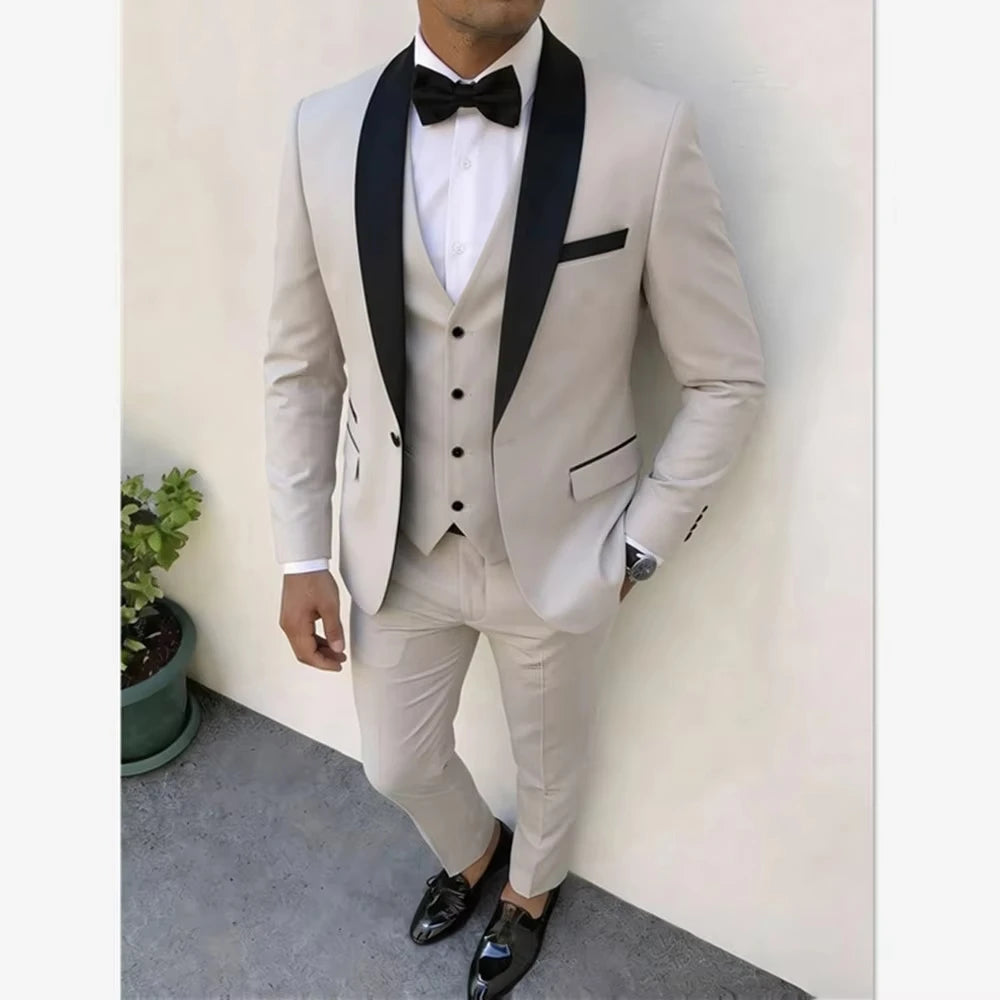 Voguable  Luxury 3pcs Men'S Slim Fit Groomsmen Suit  Dark green Jacket Vest Pant With Non-Stretch Fabric and Color Block Pattern voguable