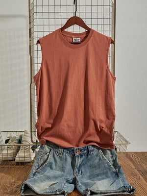 Voguable  Summer New American Retro Sleeveless O-neck Soild Color T-shirt Men's Fashion 100% Cotton Washed Old Casual Sports Vest Tops voguable