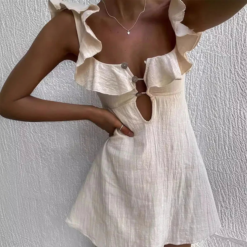 Summer Hollow Out Button Ruffles Short Dress Sexy V Neck Sleeveless Solid Color Dress New Holiday Beach Cotton Linen Mini Dress voguable