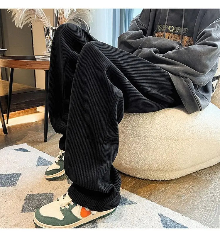 Autumn Corduroy Straight Trousers Men Loose Solid Casual Drape Trousers Harajuku Fashion Drawstring Street Wide Leg Sweatpant voguable