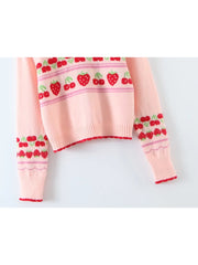 Voguable  New Fashion Women Sweet Pink Strawberry Cherry Thin Knit Sweater O Neck Long Sleeve Female Crop Pullover Autumn Tops voguable