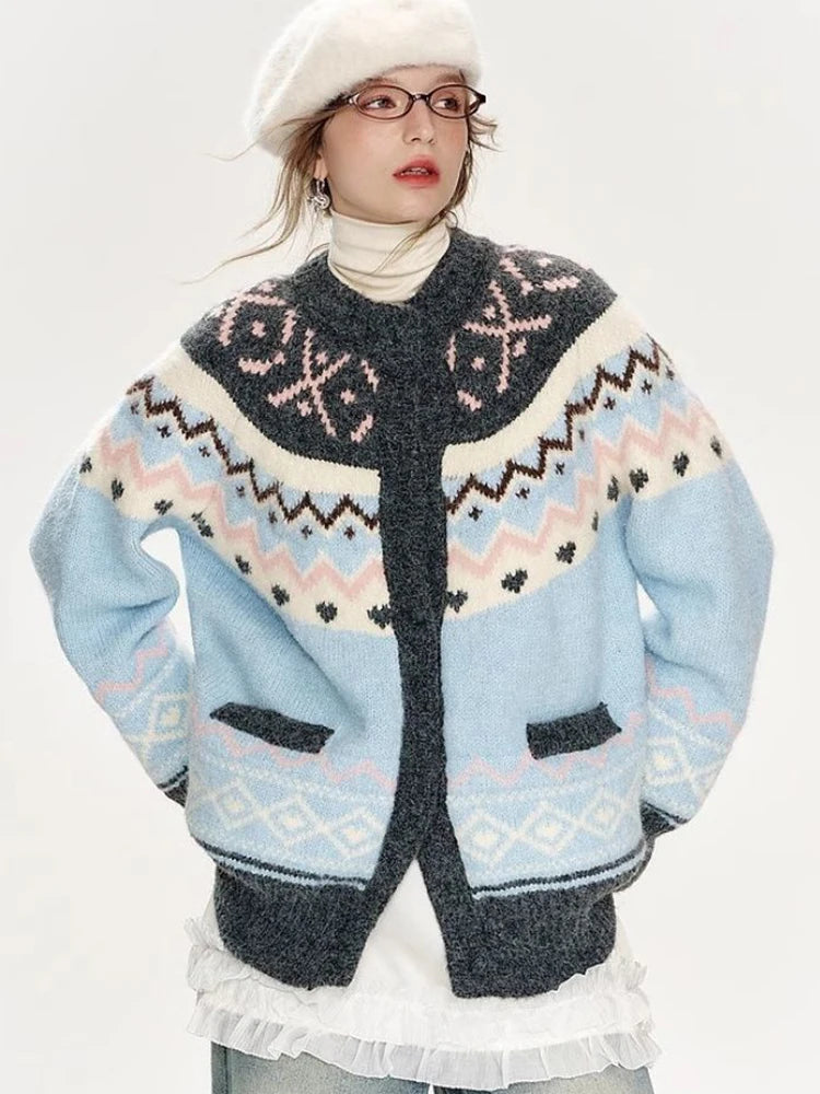 American Retro Print Cardigan Women Loose Lazy Wind Harajuku Knitted Sweater Casual Fall Winter Vintage O Neck Female Y2K Tops voguable