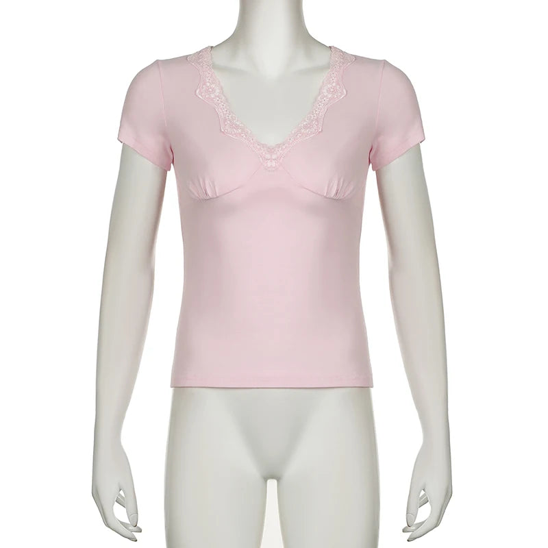 Voguable Kawaii Lace Patchwork V-neck Top Pink Casual Basic Short Sleeve T-shirts Sweet Japanese Style Y2K  Slim-fitting Tees voguable