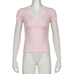 Voguable Kawaii Lace Patchwork V-neck Top Pink Casual Basic Short Sleeve T-shirts Sweet Japanese Style Y2K  Slim-fitting Tees voguable