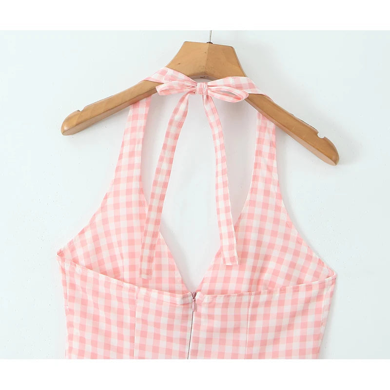 Summer Women Sexy Backless Pink Plaid Halter Dress Low Waist Elegant Party Dresses Holiday Robe voguable