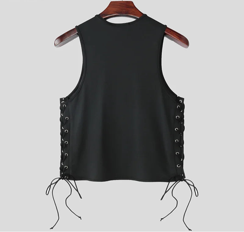 Men Tank Tops Solid Color Lace Up O-neck Sleeveless Sexy Male Vests Summer Streetwear Hollow Out Fashion Crop Tops voguable