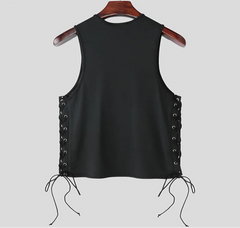 Men Tank Tops Solid Color Lace Up O-neck Sleeveless Sexy Male Vests Summer Streetwear Hollow Out Fashion Crop Tops voguable