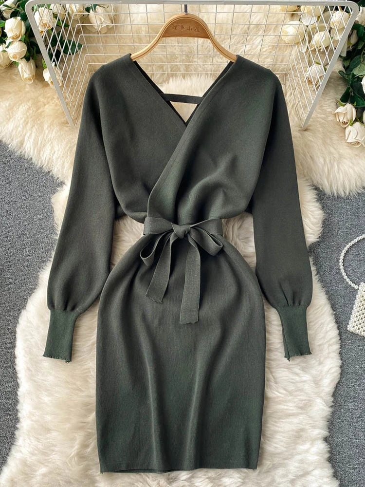 Fashion Y2K Casual Vestidos Women Dress  Autumn Winter Bodycon Knitted Sweater Dress Elegant  Office Ladies Dress