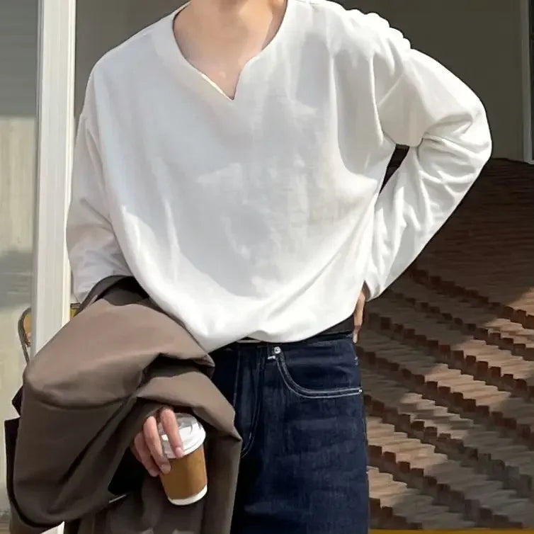 Autumn 100% Cotton Small V-neck Long Sleeve T-shirts Men Korean Casual Solid Color High-end Design Loose Bottoming Shirt Men voguable