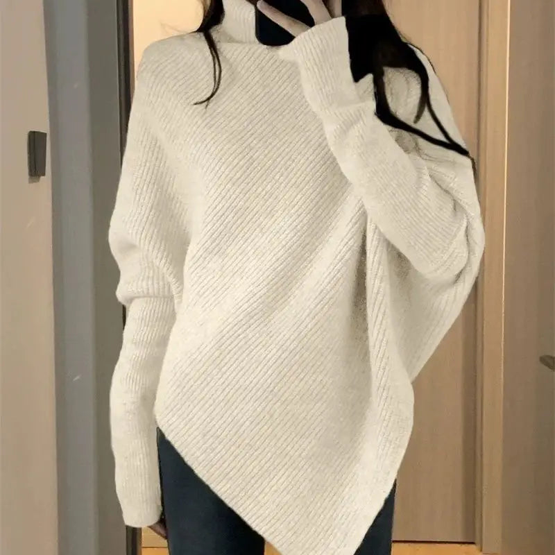 Autumn Winter New Women Sweater Korean Fashion Chic Casual Turtleneck Solid Asymmetr Loose Batwing Sleeve Pullovers Knitted Tops voguable
