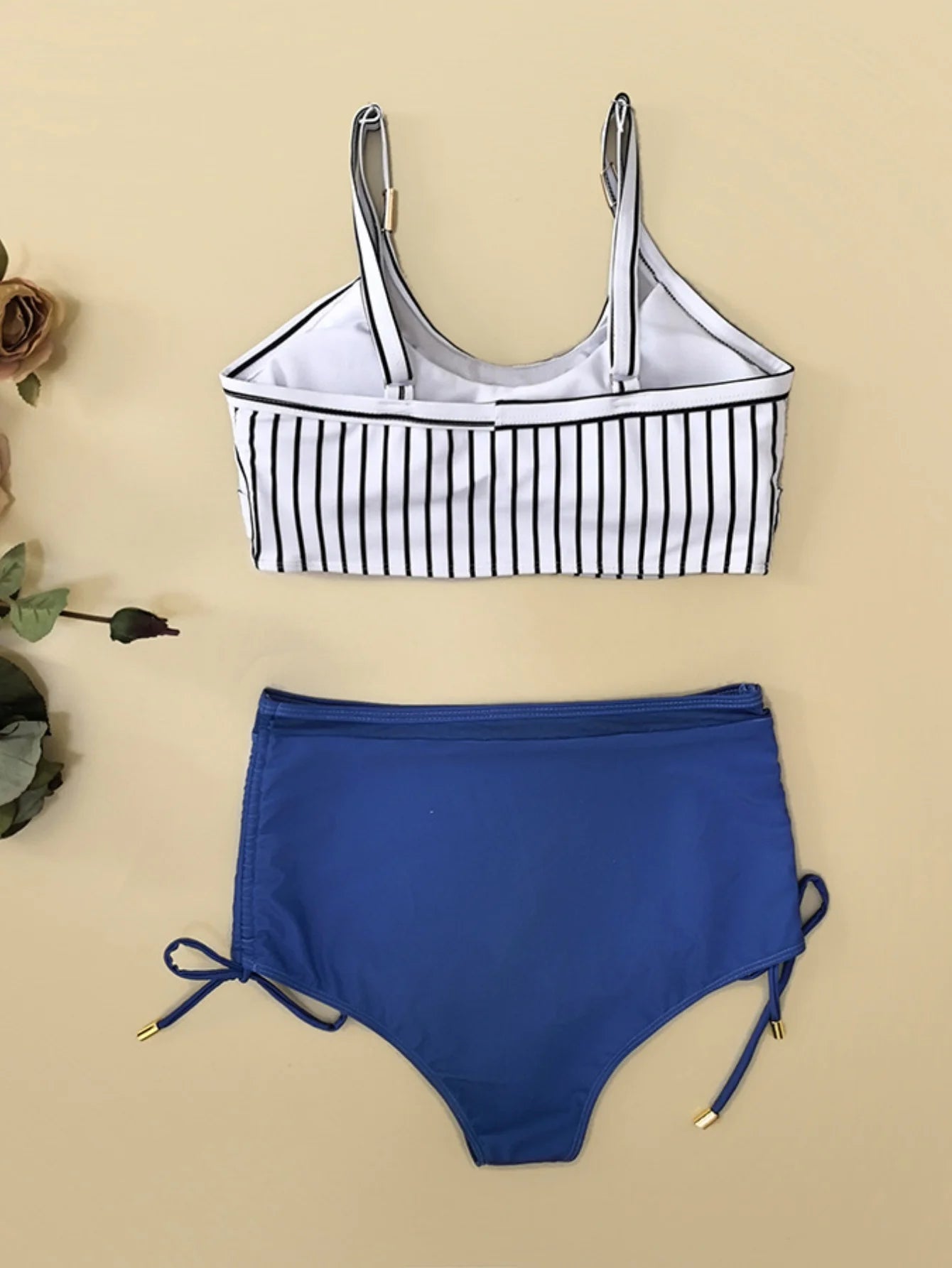 Voguable  Vintage Blue Striped Bikini Set Women Metal Strap Mesh Patchwork Push Up High Waist Swimsuit Beach Bathing Suit Swimwear voguable