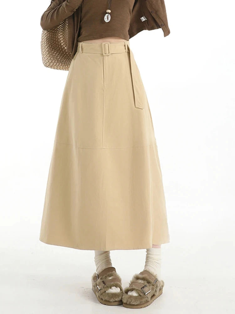 Retro Belt Long Skirt Women Casual Sweet High Waist A Line Skirts Preppy Style Fall Winter Lady Korean Vintage Long Skirts voguable