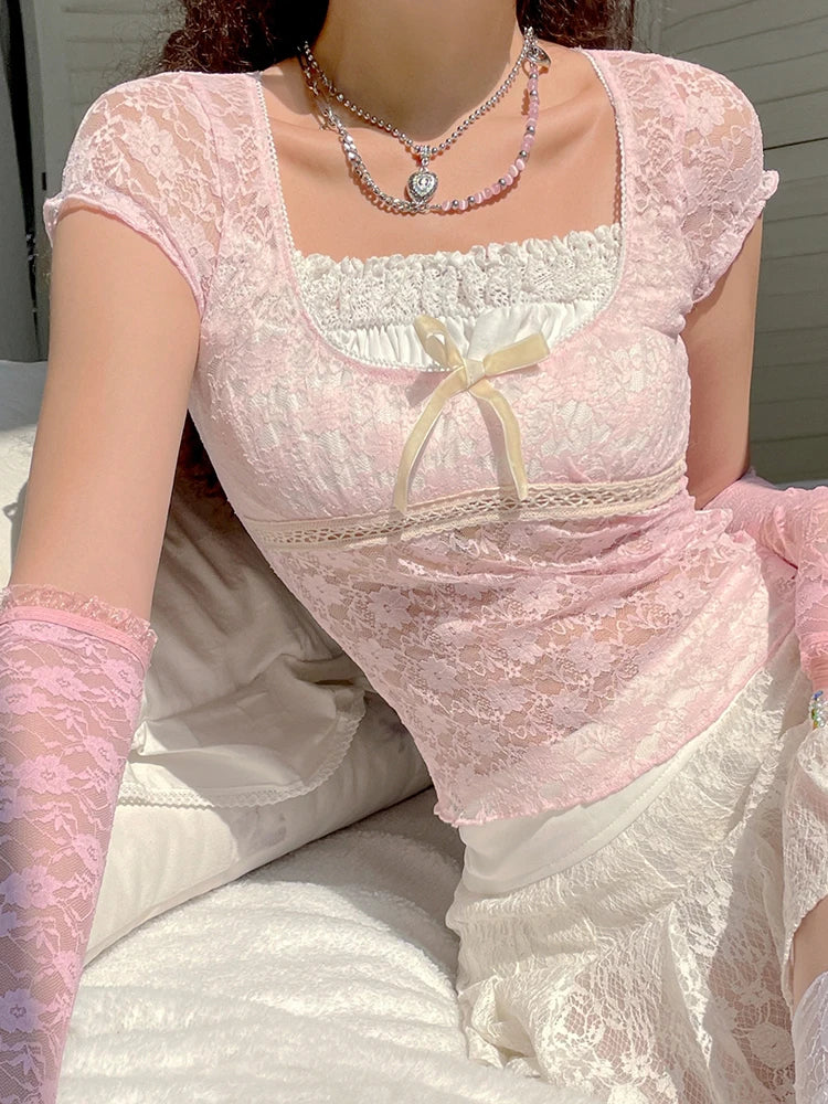 Voguable  Bow Patchwork Lace Crop Top Y2K Aesthetic T-shirt Short Sleeve Kawaii Clothes Lolita Style Cute Pullovers Fairycore Tee voguable
