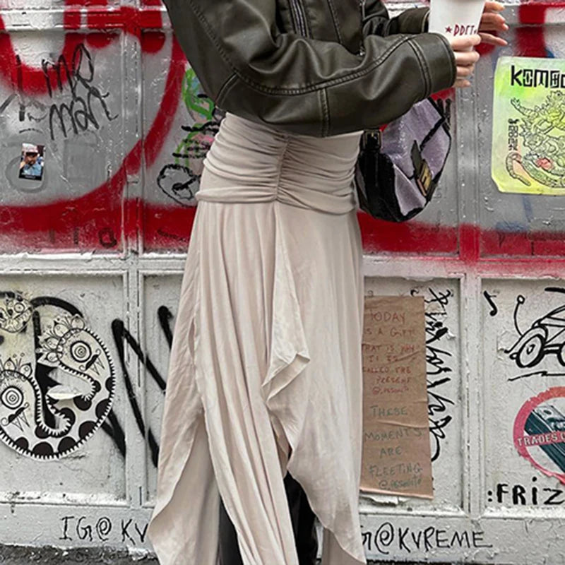Folds Split Long Skirt Low Rise Loose A-line Midi Skirts For Women Casual y2k Fashion Ladies Holiday Outfits Harajuku 90s voguable