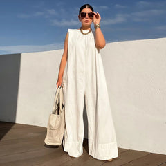 Solid Color Sleeveless Wide Leg Fitness Summer Fashion Female Loose White Black Casual Cool Jumpsuits for Women voguable
