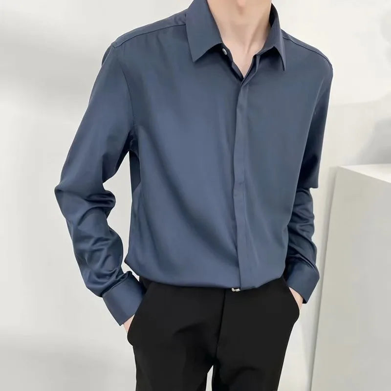 2024 Luxury Spring Clothing Men's Casual Turn Down Collar Texture Shirts Vintage Buttons Solid Color Long Sleeve Leisure Clothes voguable